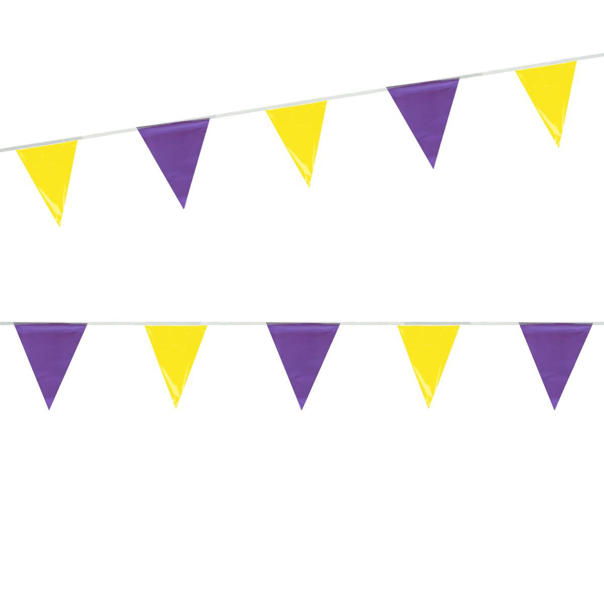Tira de banderines triangulares intercalados en colores amarillo y morado con guía de rafia blanca, ideal para decoración de eventos, fiestas temáticas, lotes en venta, tiendas, exposiciones y lavado de coches, largo total de 50m con 84 banderines. Tira de banderines triangulares intercalados en colores amarillo y morado con guía de rafia blanca, ideal para decoración de eventos, fiestas temáticas, lotes en venta, tiendas, exposiciones y lavado de coches, largo total de 50m con 84 banderines.